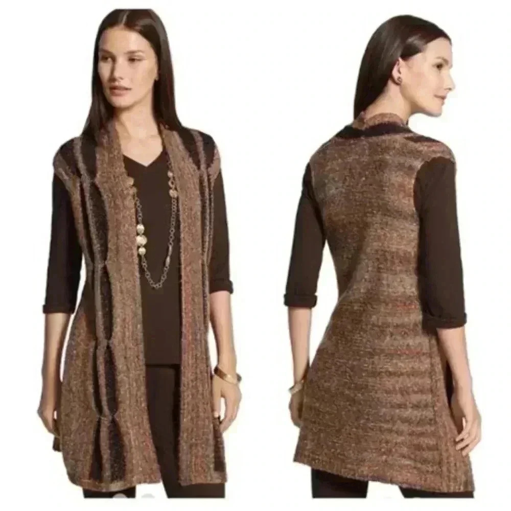 Chico's Women Randall Chestnut Brown Sweater Vest Open Front Metallic Chic